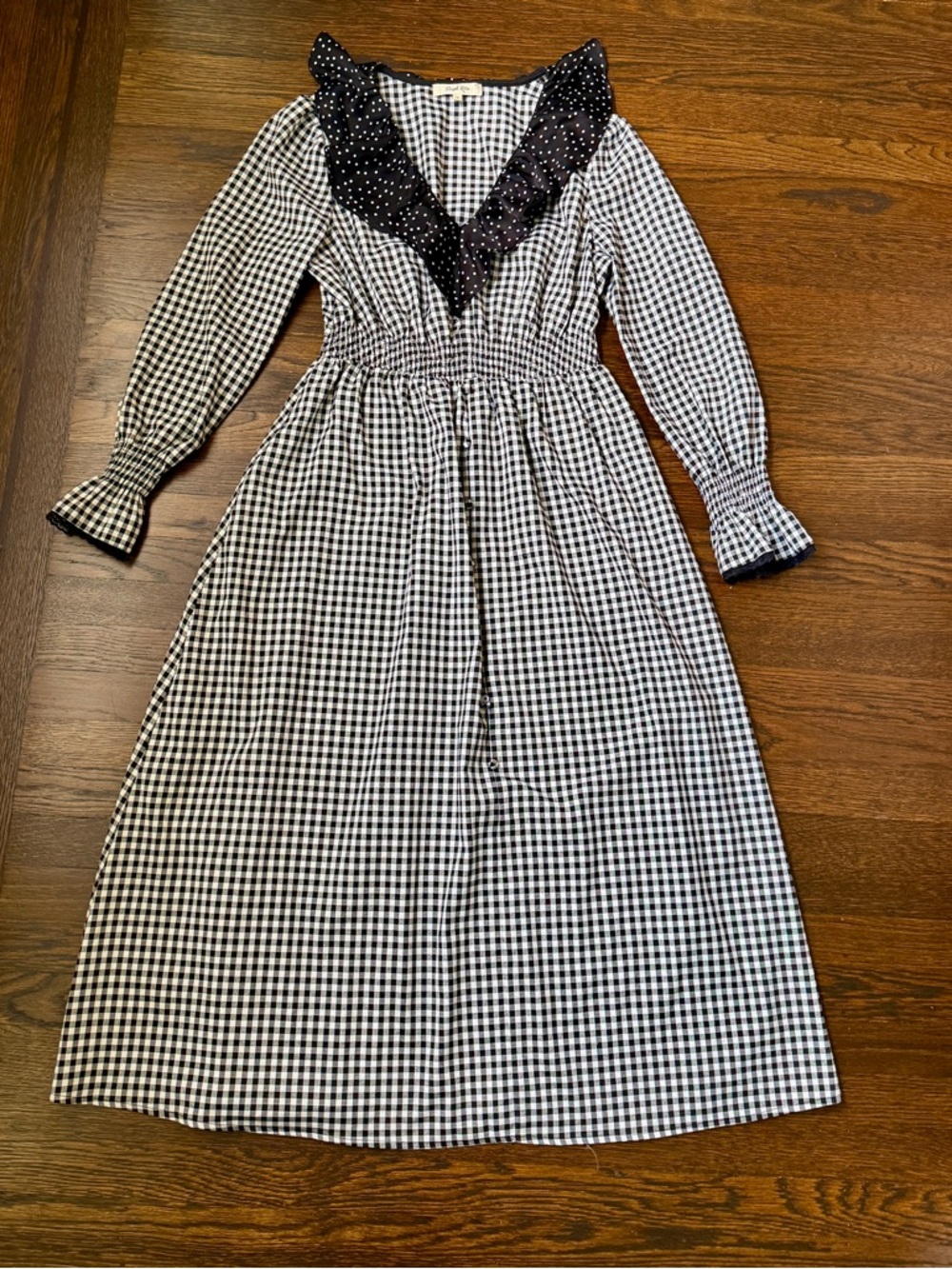 Cabincore Black White Gingham Midi Dress Ruffle Collar Cottagecore Size M